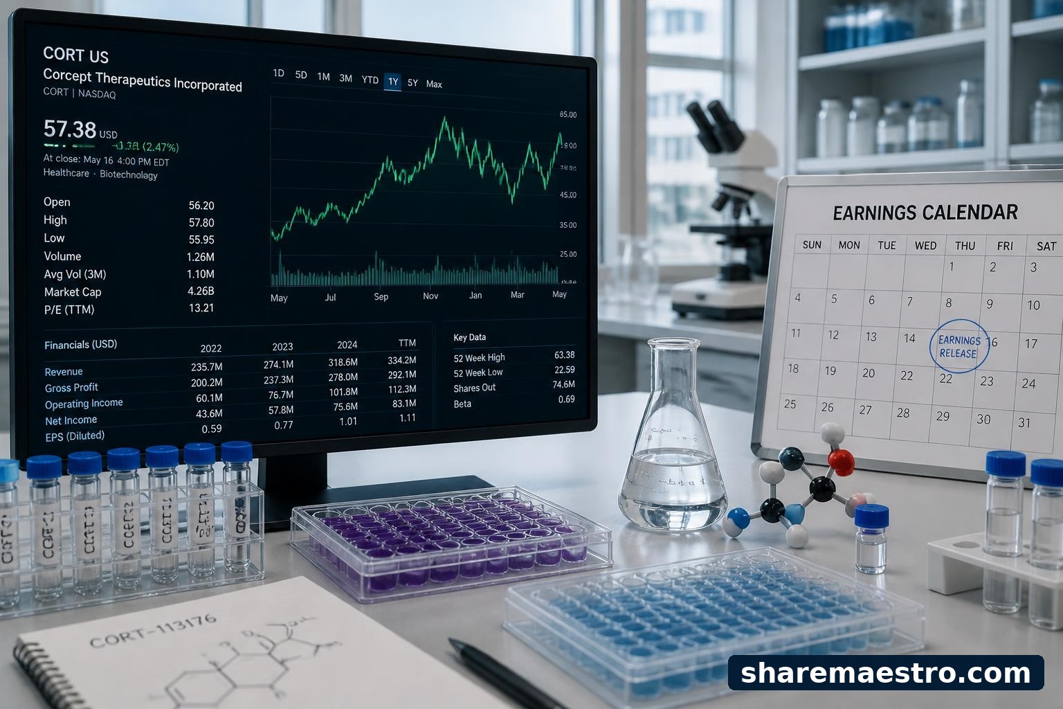 Biotechnology lab equipment and a market terminal representing Corcept Therapeutics earnings watch.