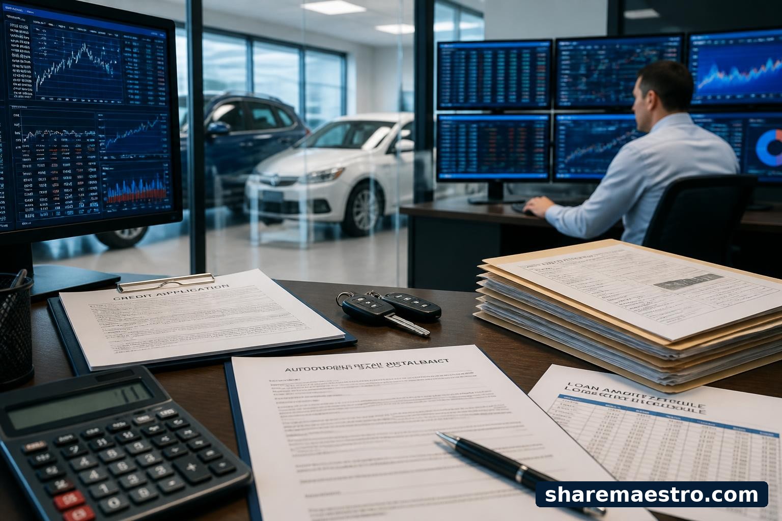 Auto-dealer finance documents and a market-data terminal representing Credit Acceptance Corporation earnings watch.