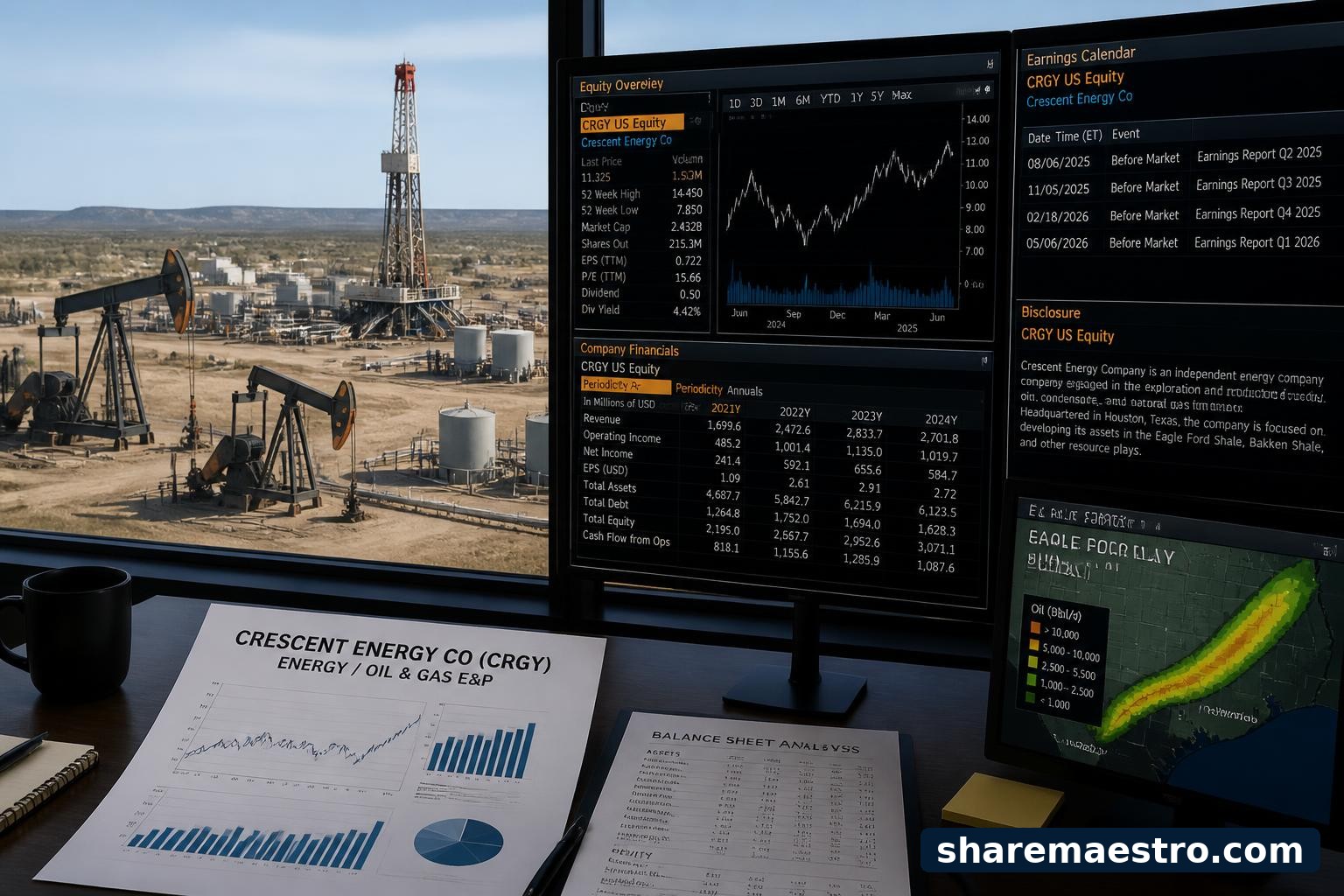 Onshore oil and gas production equipment with market data screens for an energy earnings watch.