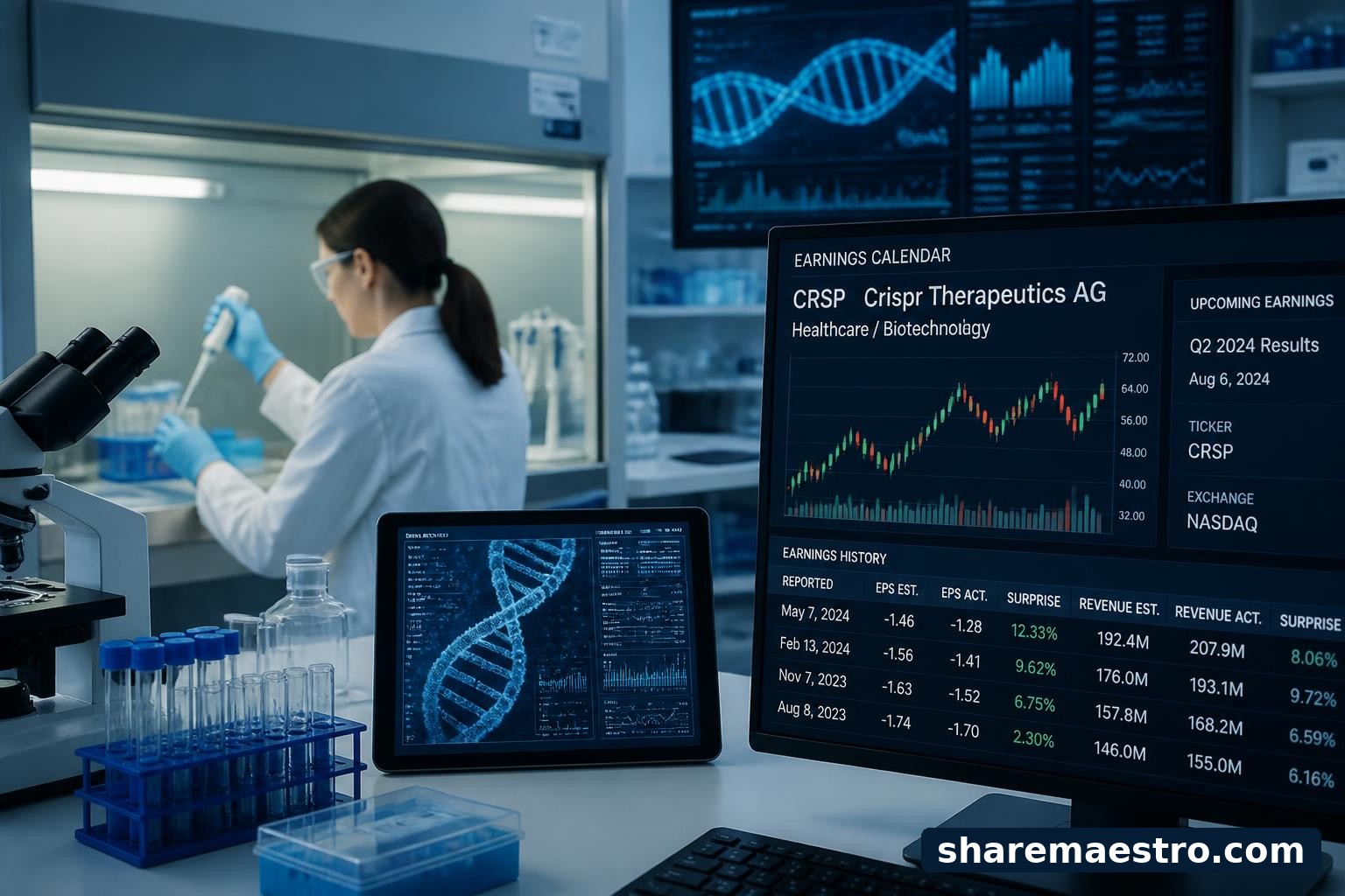 Biotechnology lab workstation with gene-editing research equipment and market data screens for Crispr Therapeutics earnings context.