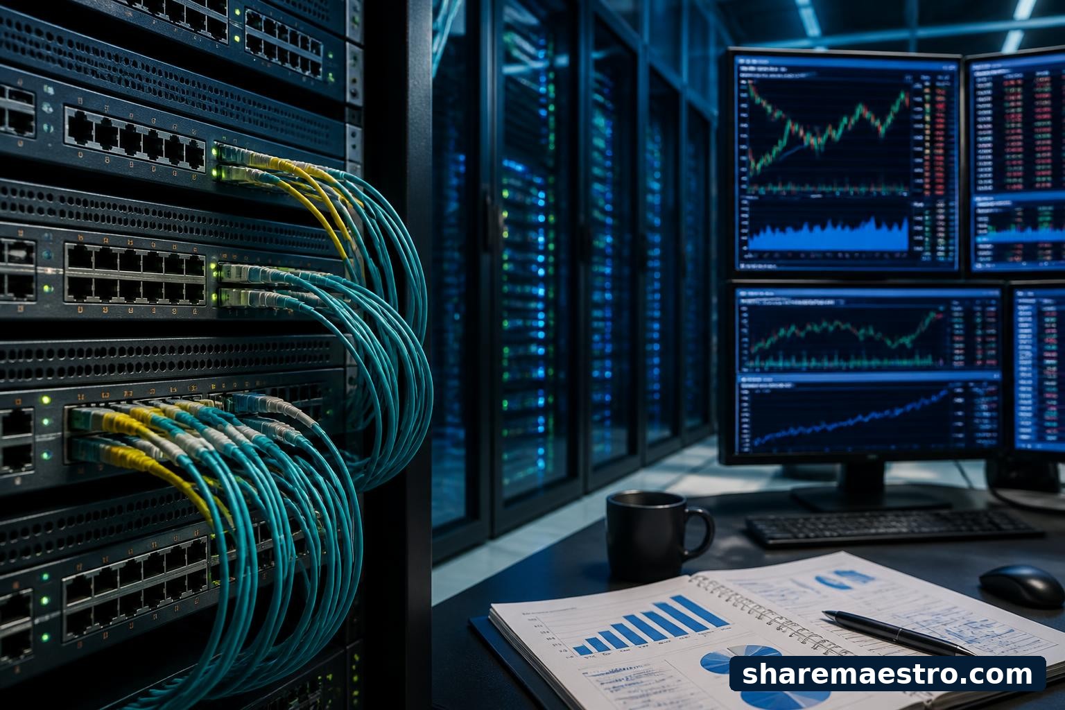 Cisco networking equipment and a market-data screen representing communication equipment market activity.