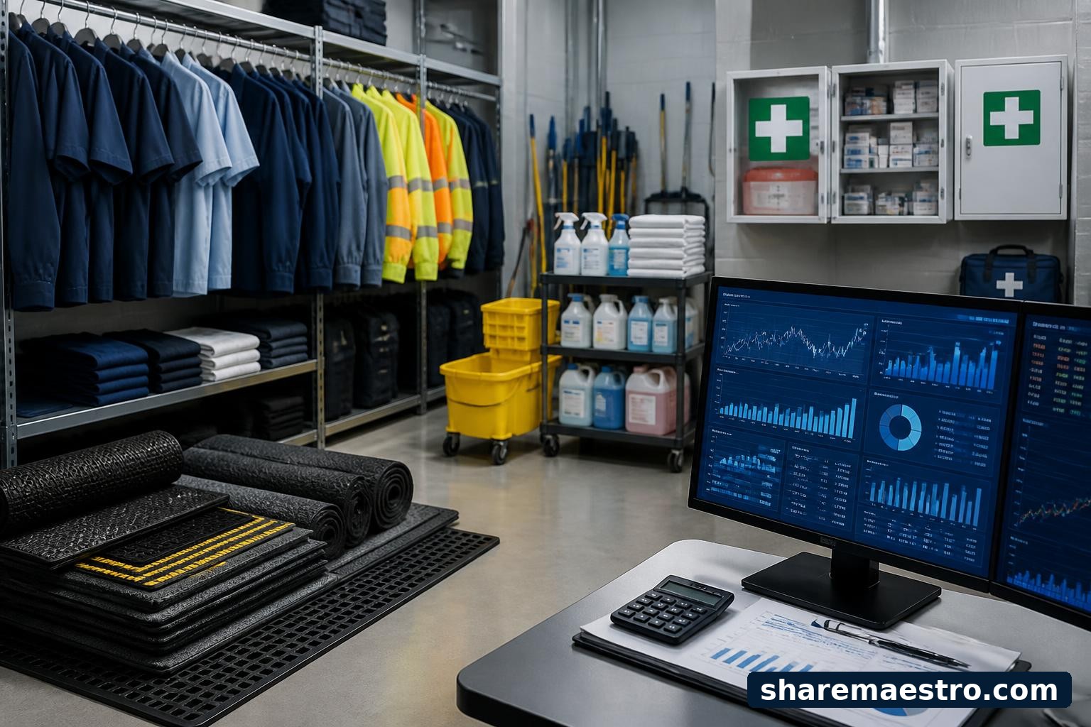 Cintas workplace-service supplies and uniforms shown with generic market data screens.