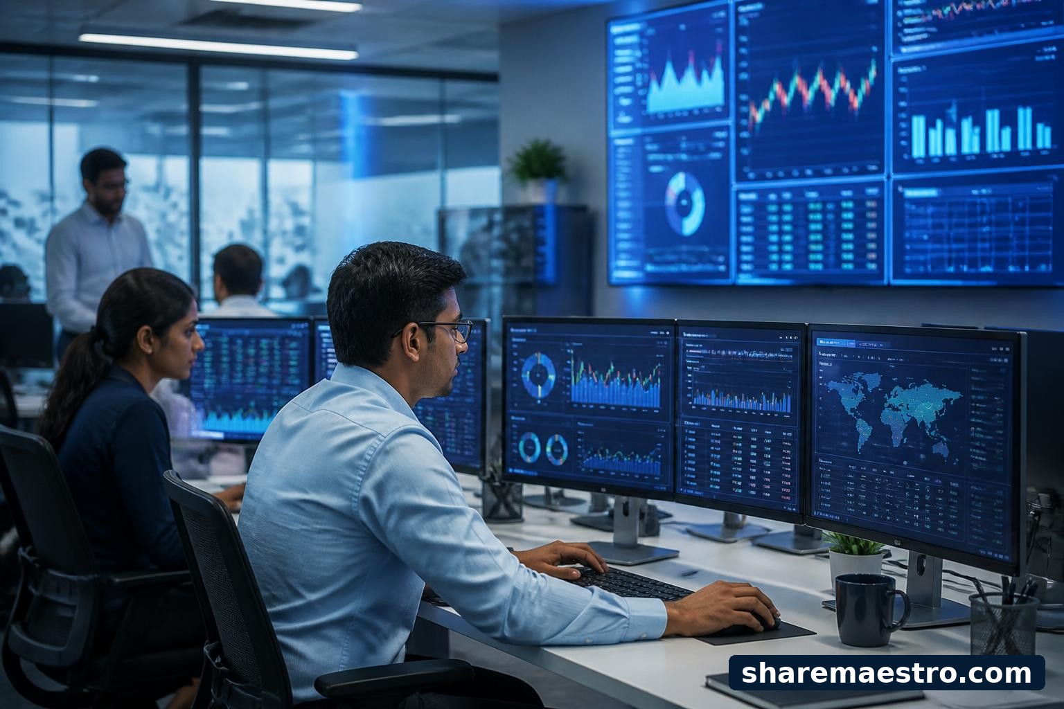 IT services consultants review software and market dashboards ahead of an earnings report.