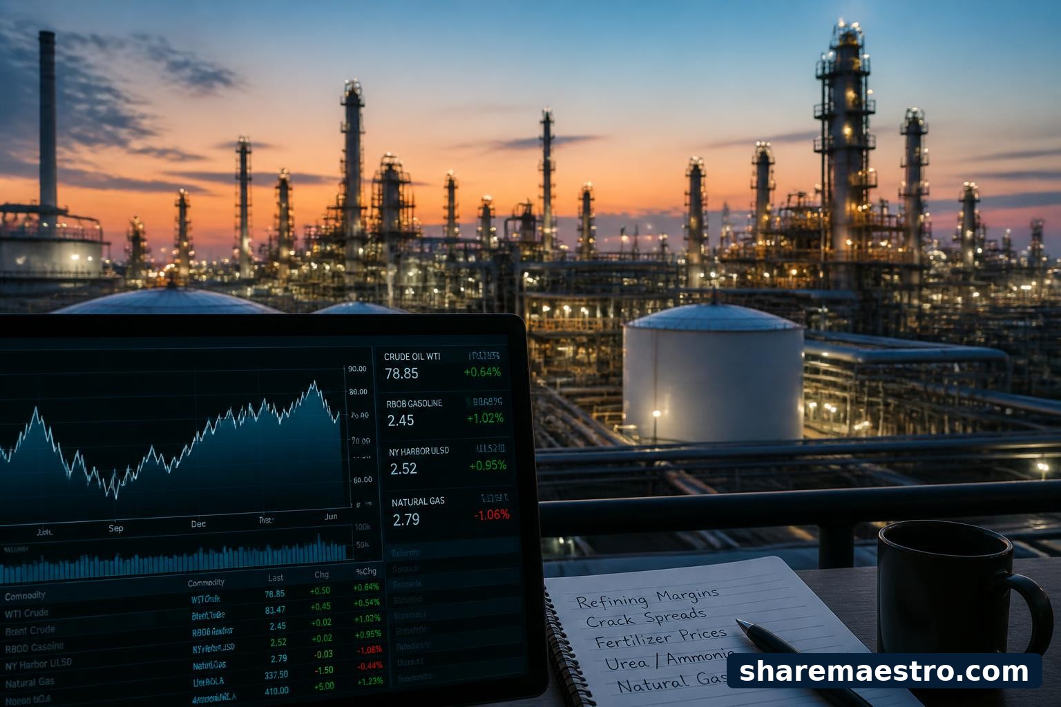 Petroleum refinery equipment and market data screen representing CVR Energy before earnings.