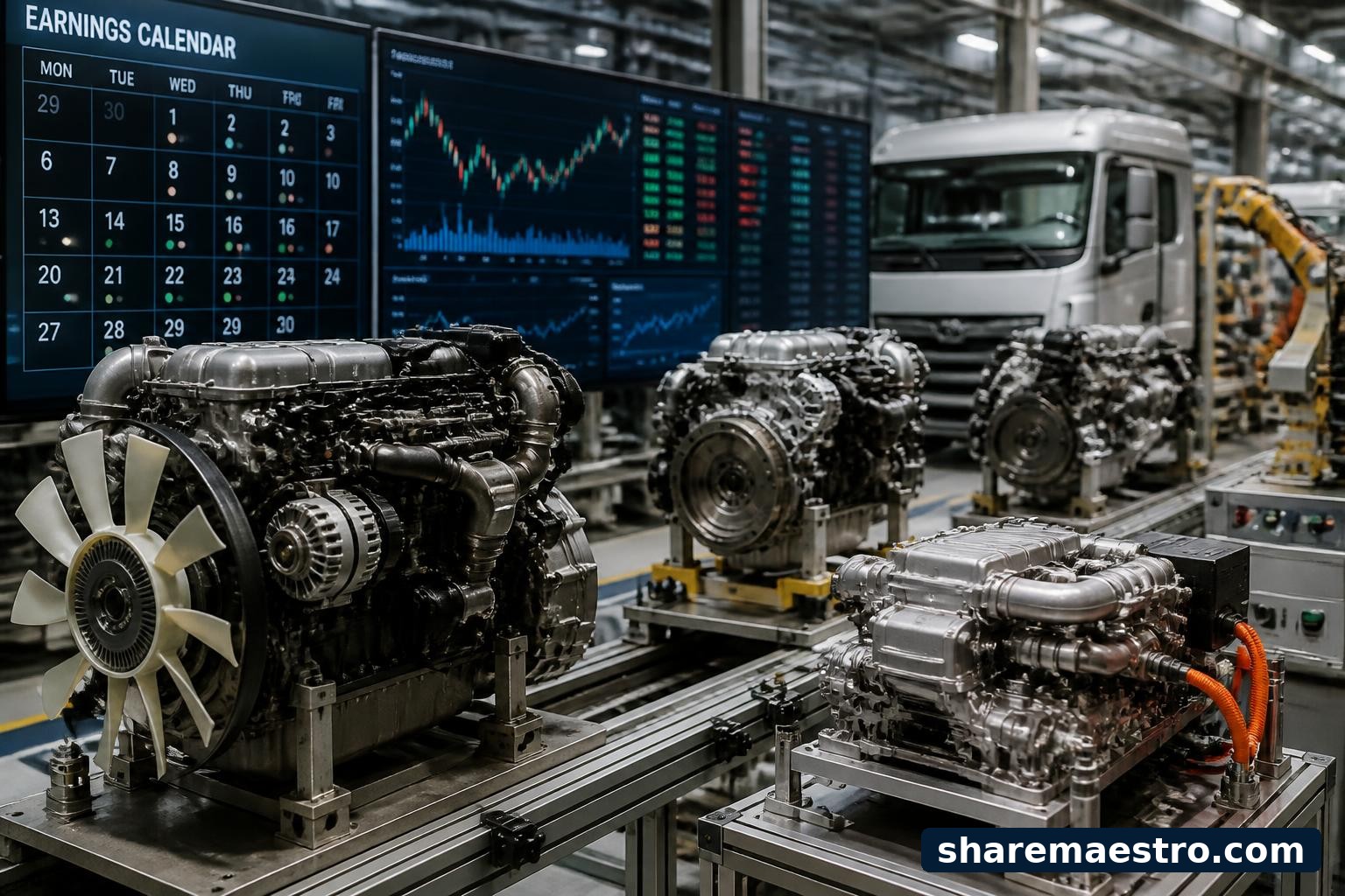 Diesel and natural gas engines on an assembly line with market data screens nearby.