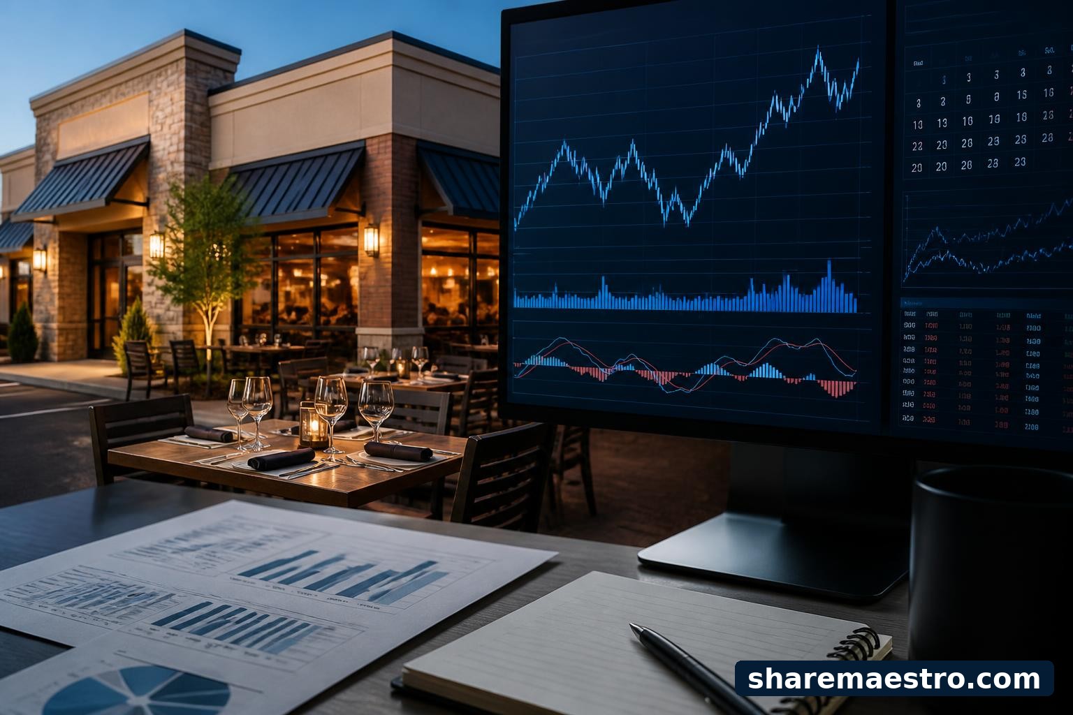 Restaurant dining setting with generic financial charts and earnings calendar imagery for Darden Restaurants.