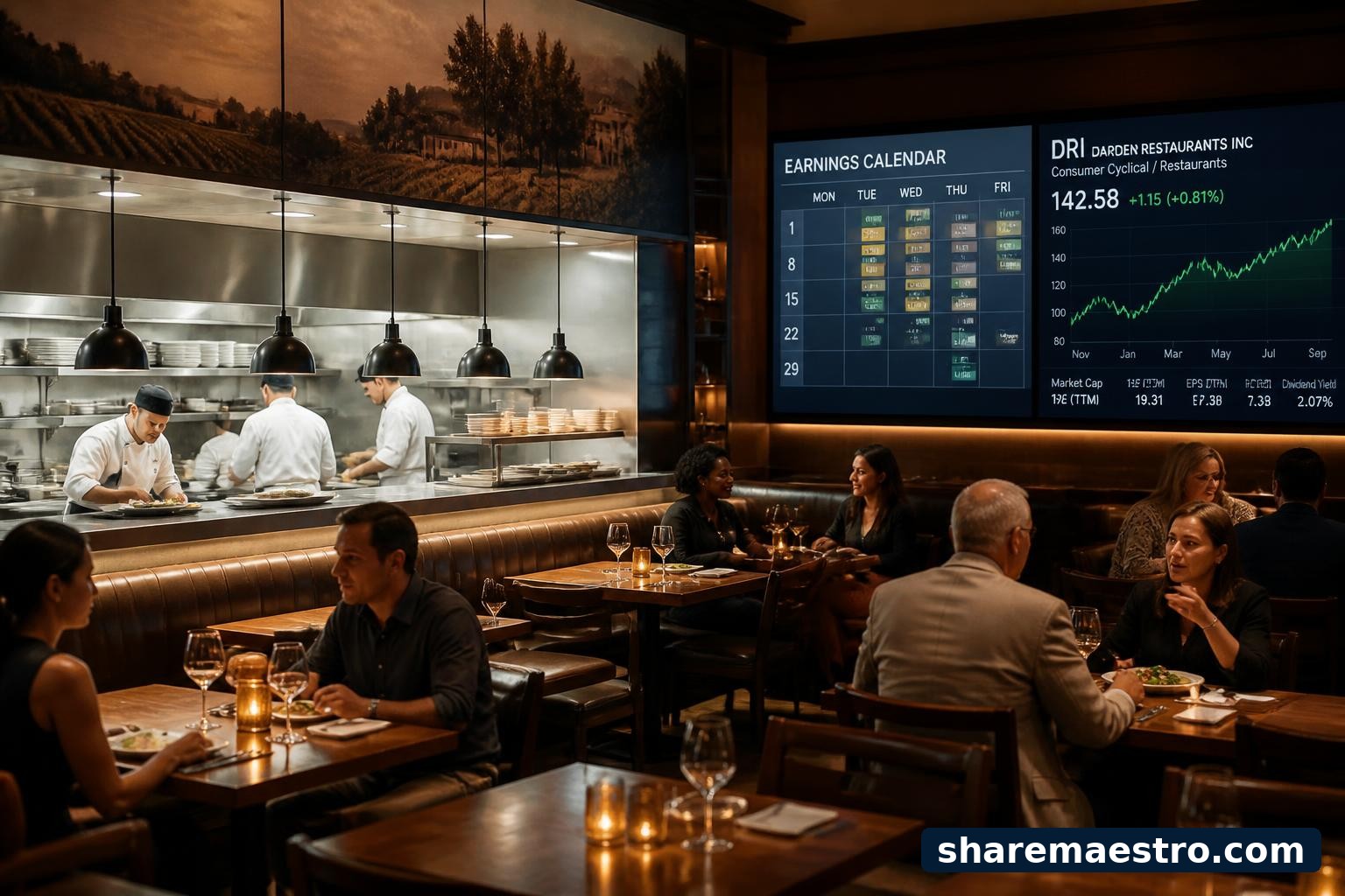 Restaurant dining room and kitchen with earnings calendar and market data screen.