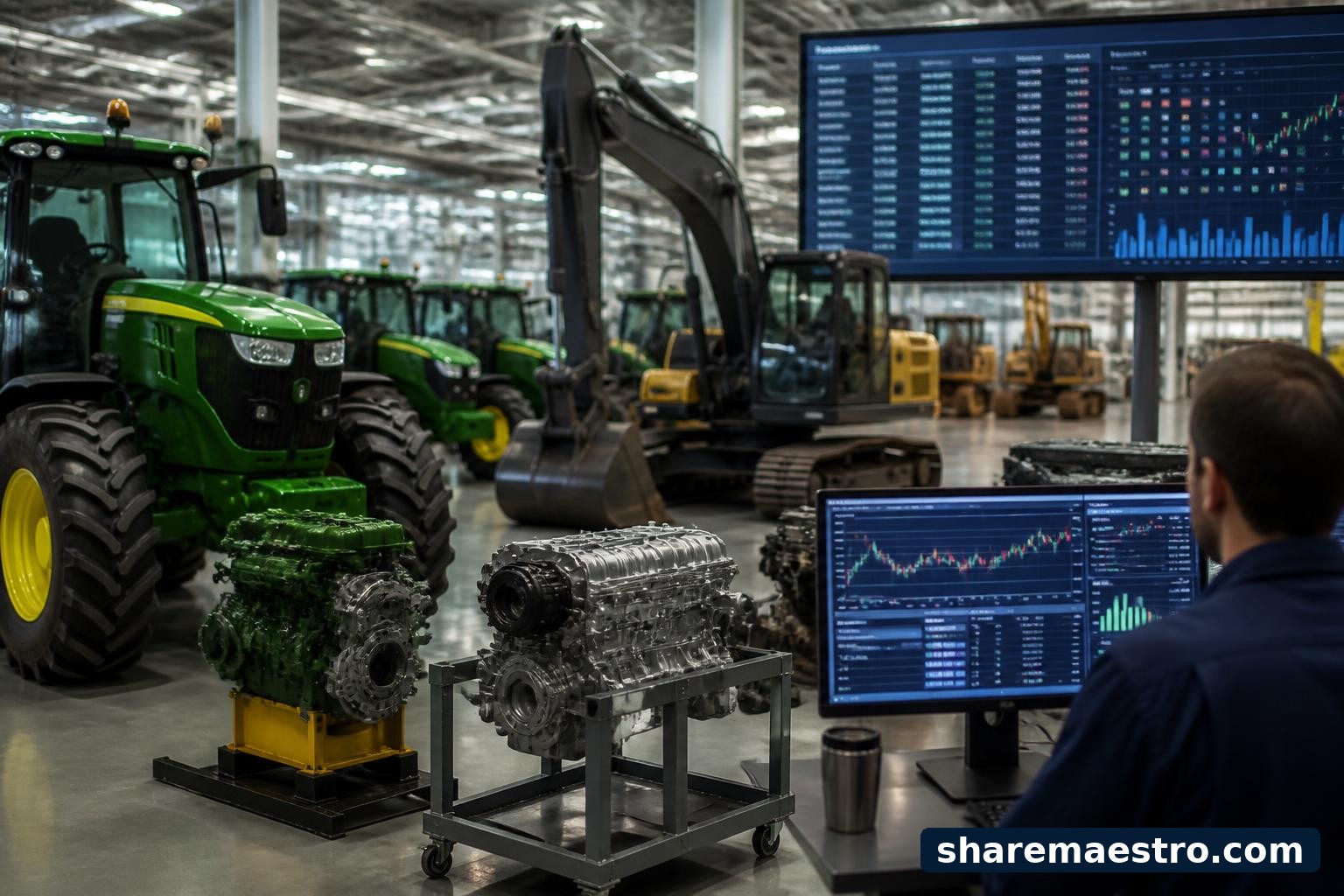 John Deere farm and construction machinery shown with financial market screens in an earnings context.