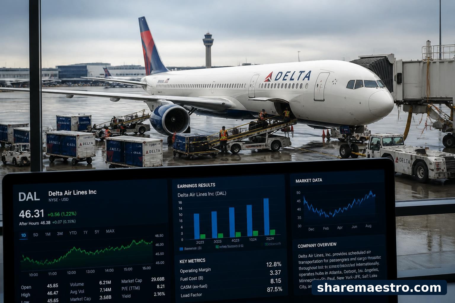 Delta Air Lines aircraft at an airport gate with market data context.