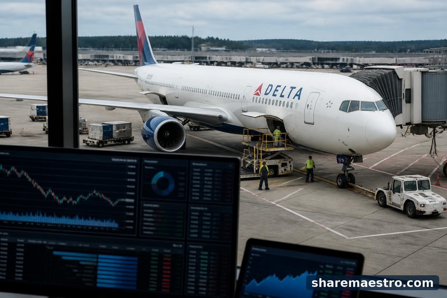 Delta Air Lines aircraft at an airport gate with market data screens suggesting an earnings setup.
