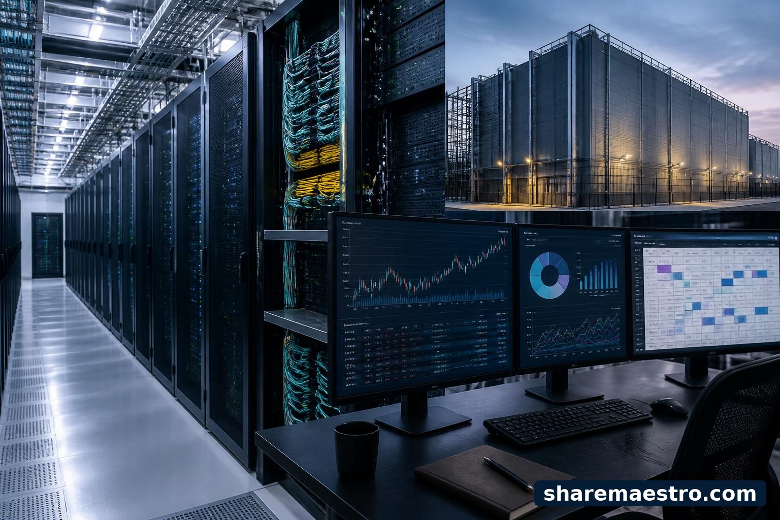 Modern data center infrastructure with financial market screens representing Digital Realty Trust earnings context.