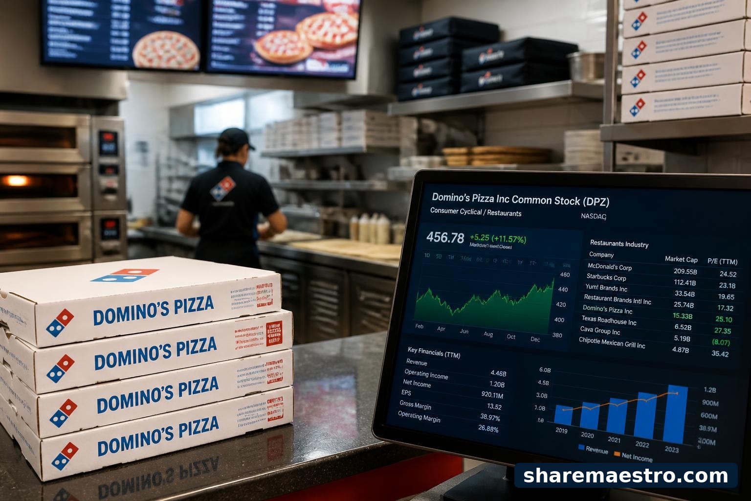 Domino’s Pizza restaurant counter and pizza boxes with financial market data in the background.
