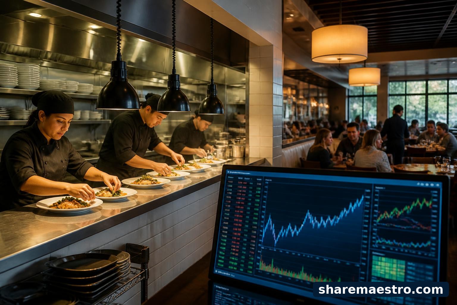 Casual dining restaurant staff working in a kitchen and dining room with market data nearby.