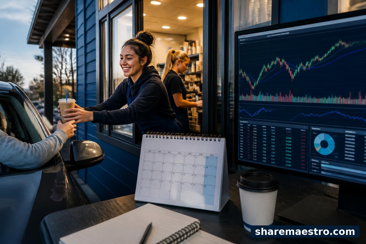 Drive-through coffee stand and market-data screen representing Dutch Bros earnings watch.