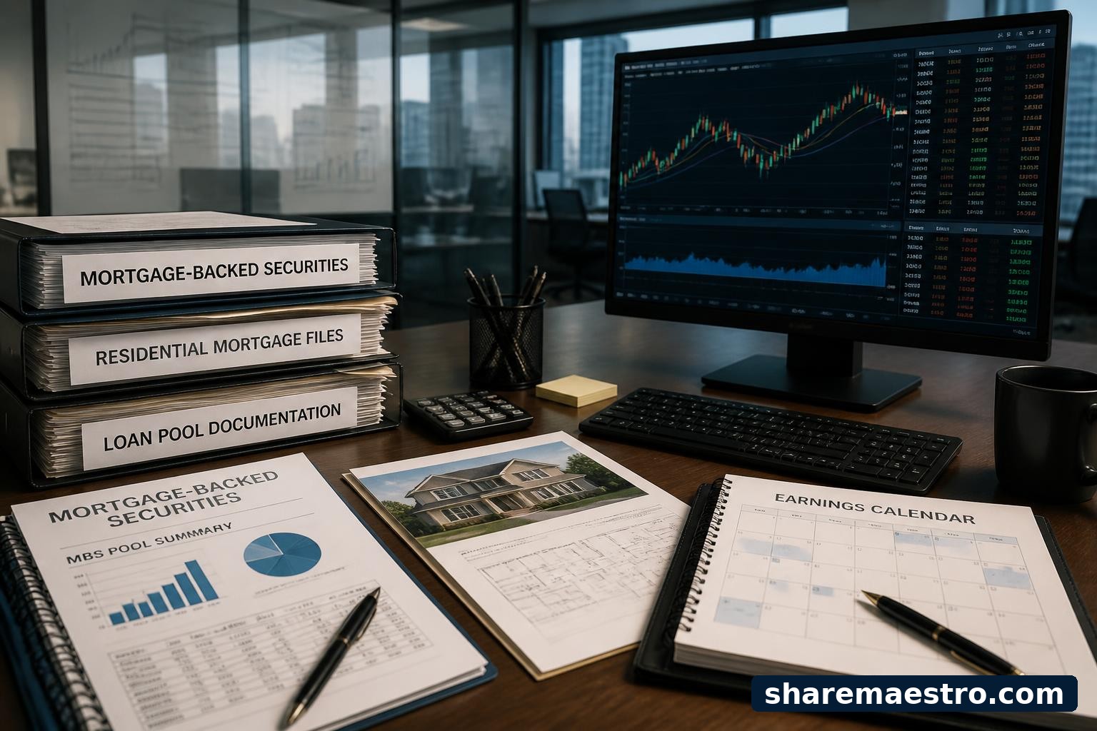 Mortgage-backed securities documents and real estate market charts on a finance desk.