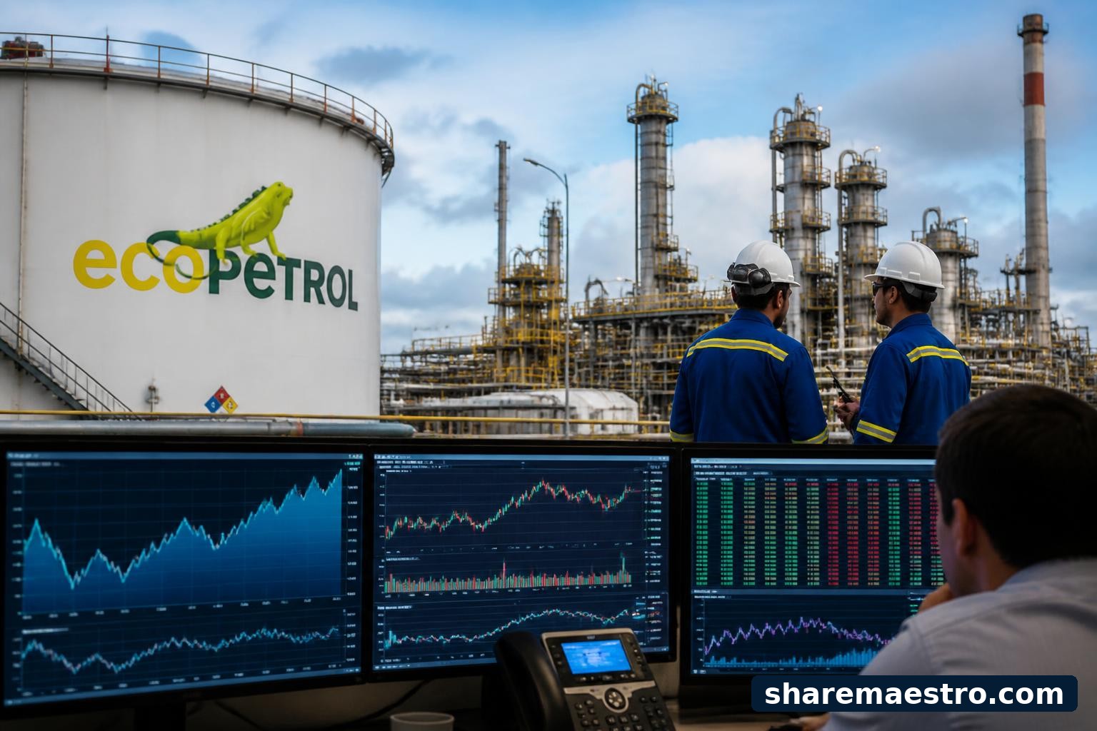Ecopetrol oil refinery and storage tanks with market data screens in a finance-news setting.