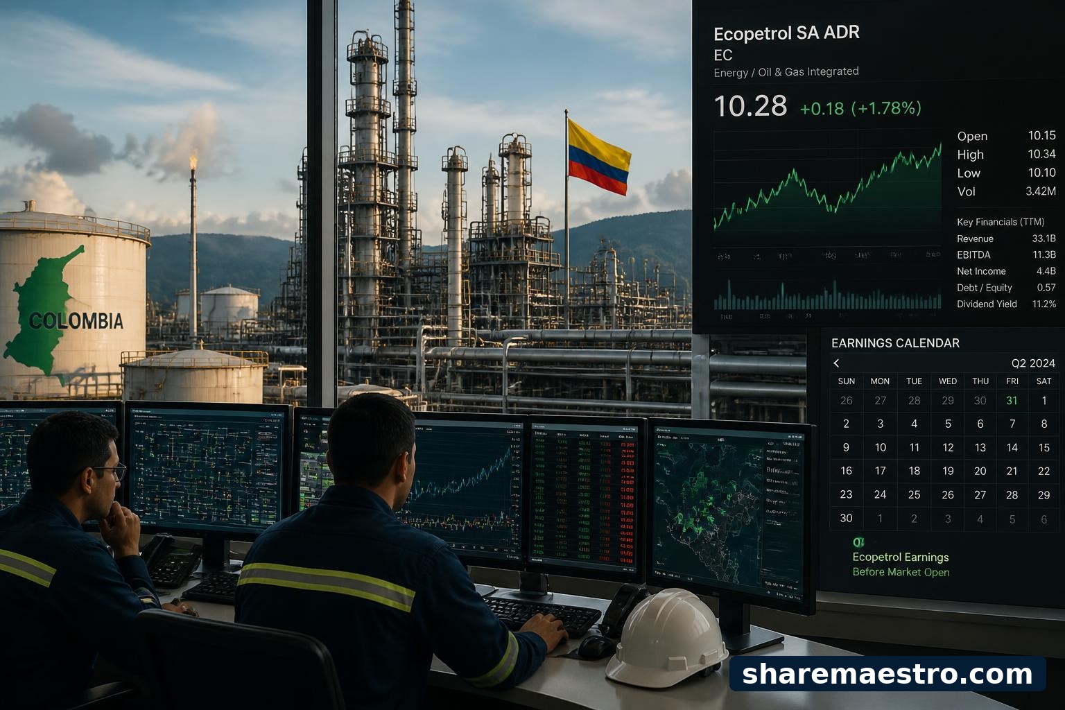 Ecopetrol oil and gas operations with financial market data screens and earnings calendar context.
