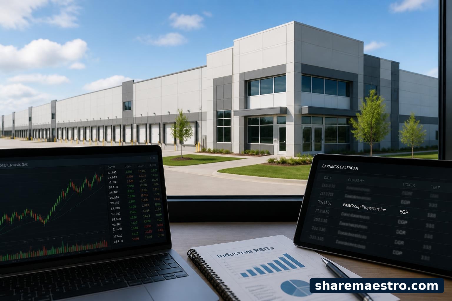 Industrial warehouse property with finance dashboard and earnings calendar, representing EastGroup Properties.