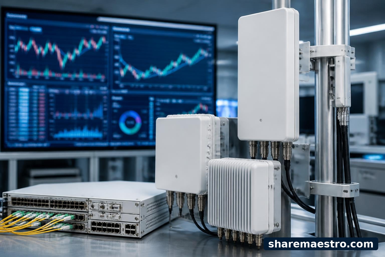 Ericsson telecom network equipment and a financial terminal representing the stock's earnings setup.