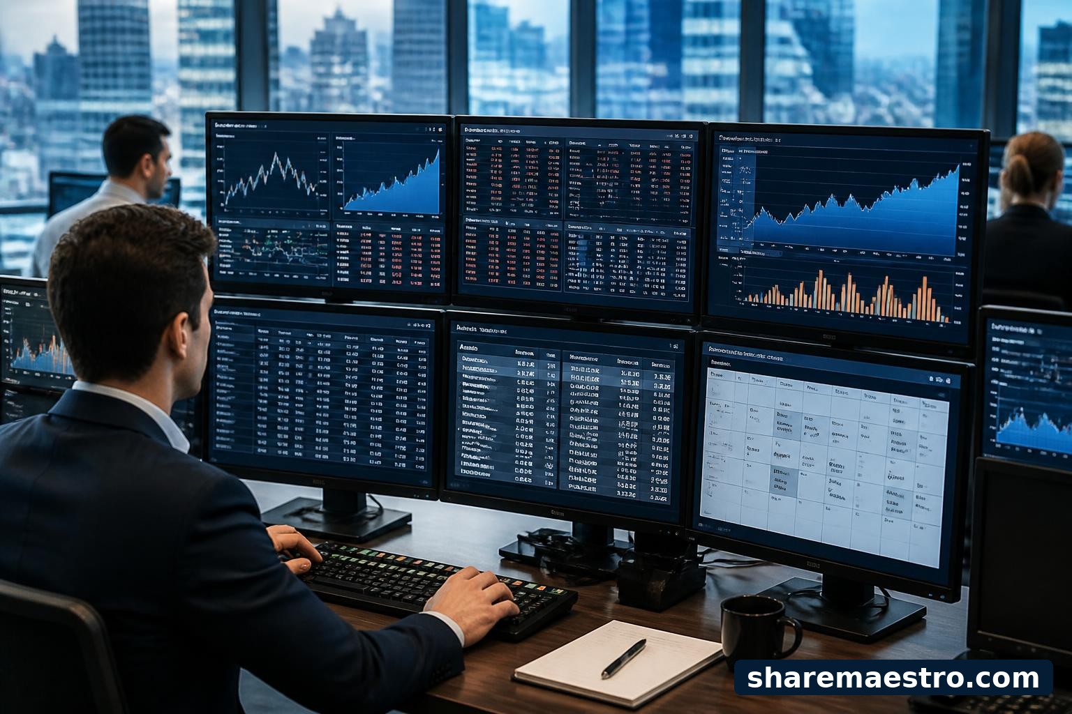 Financial data analytics workstation with market charts and earnings calendar screens.