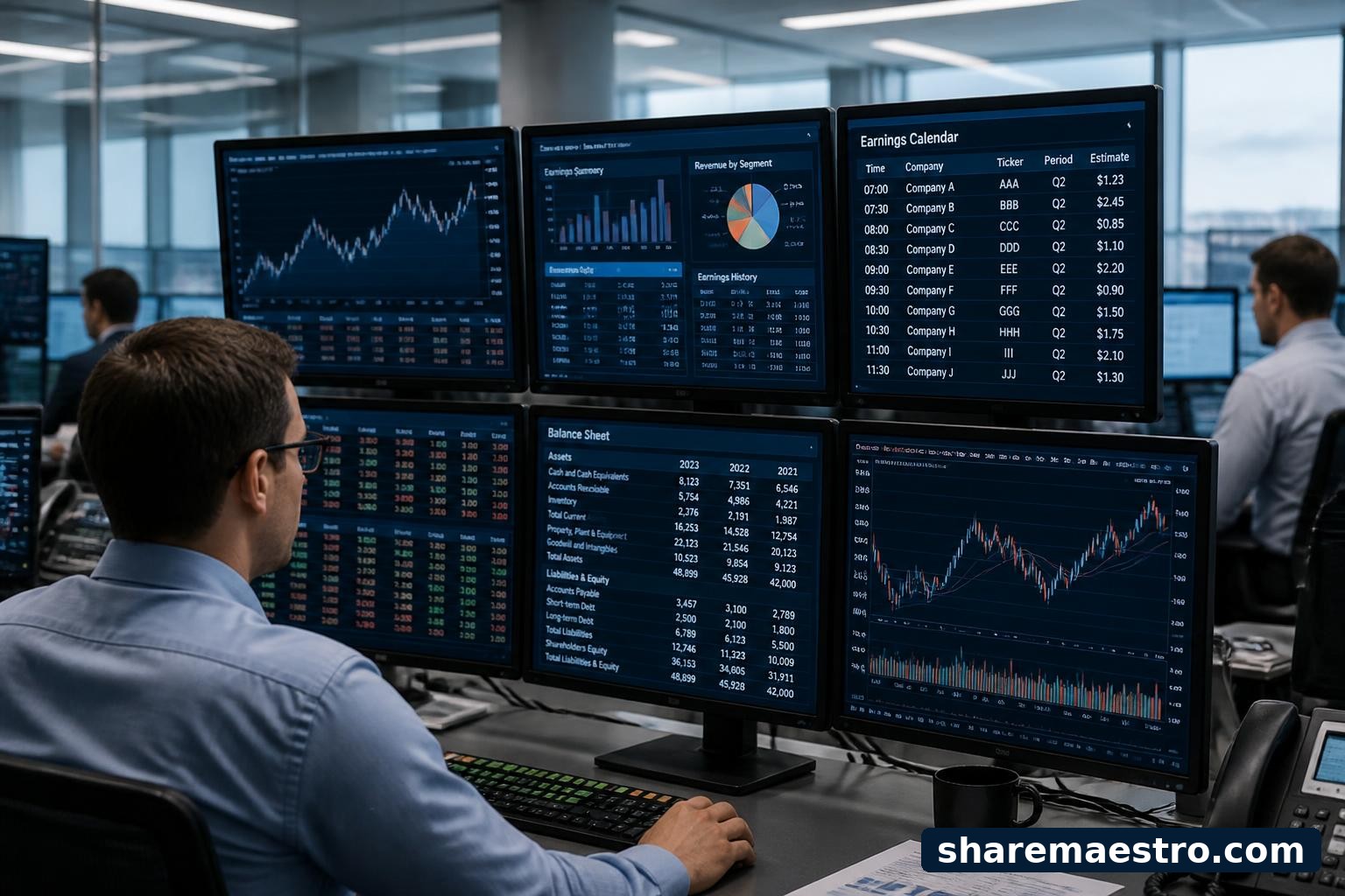 Financial analytics monitors in an institutional research office representing FactSet's market-data business.