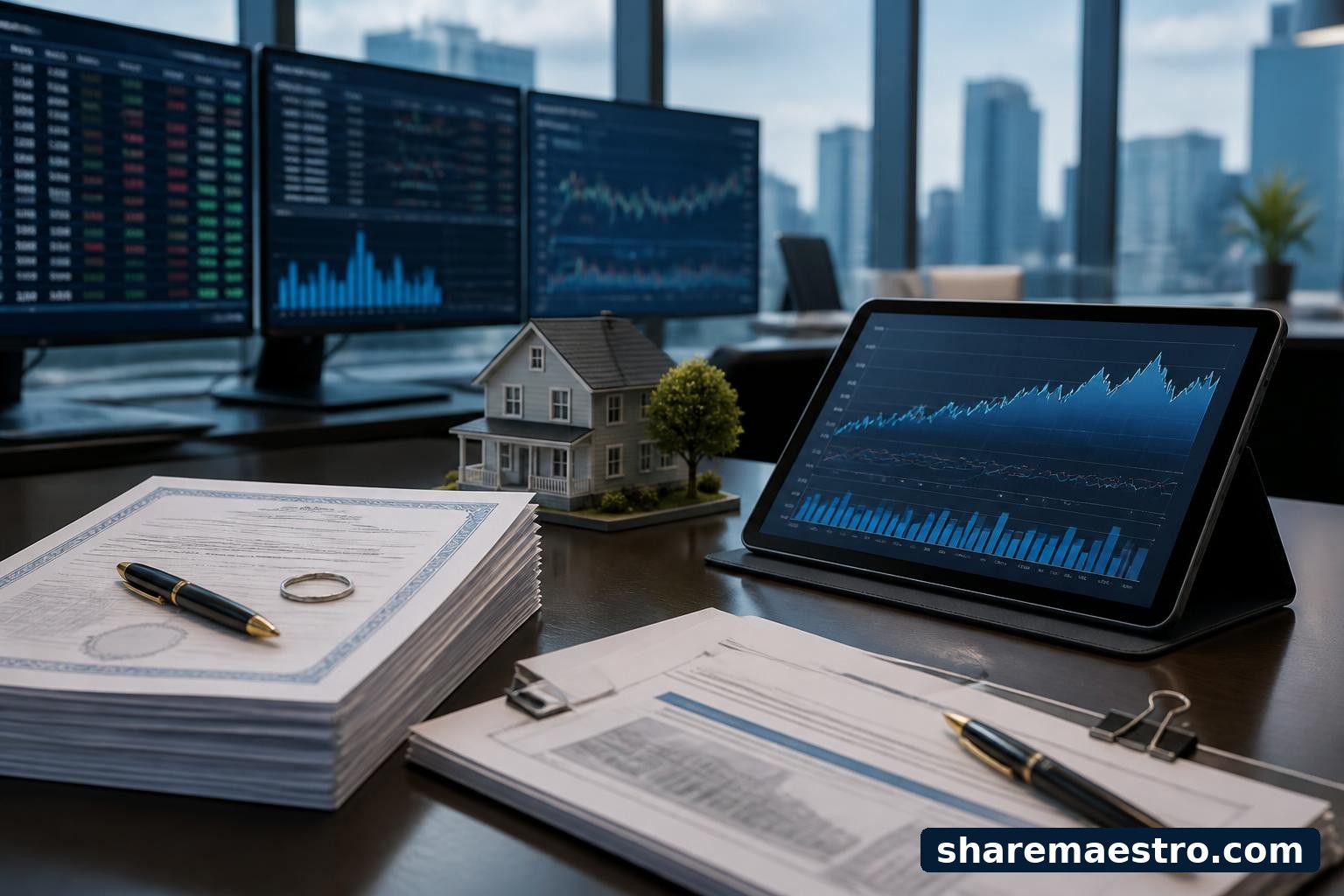 Title insurance and real estate closing documents beside a tablet with abstract market charts.