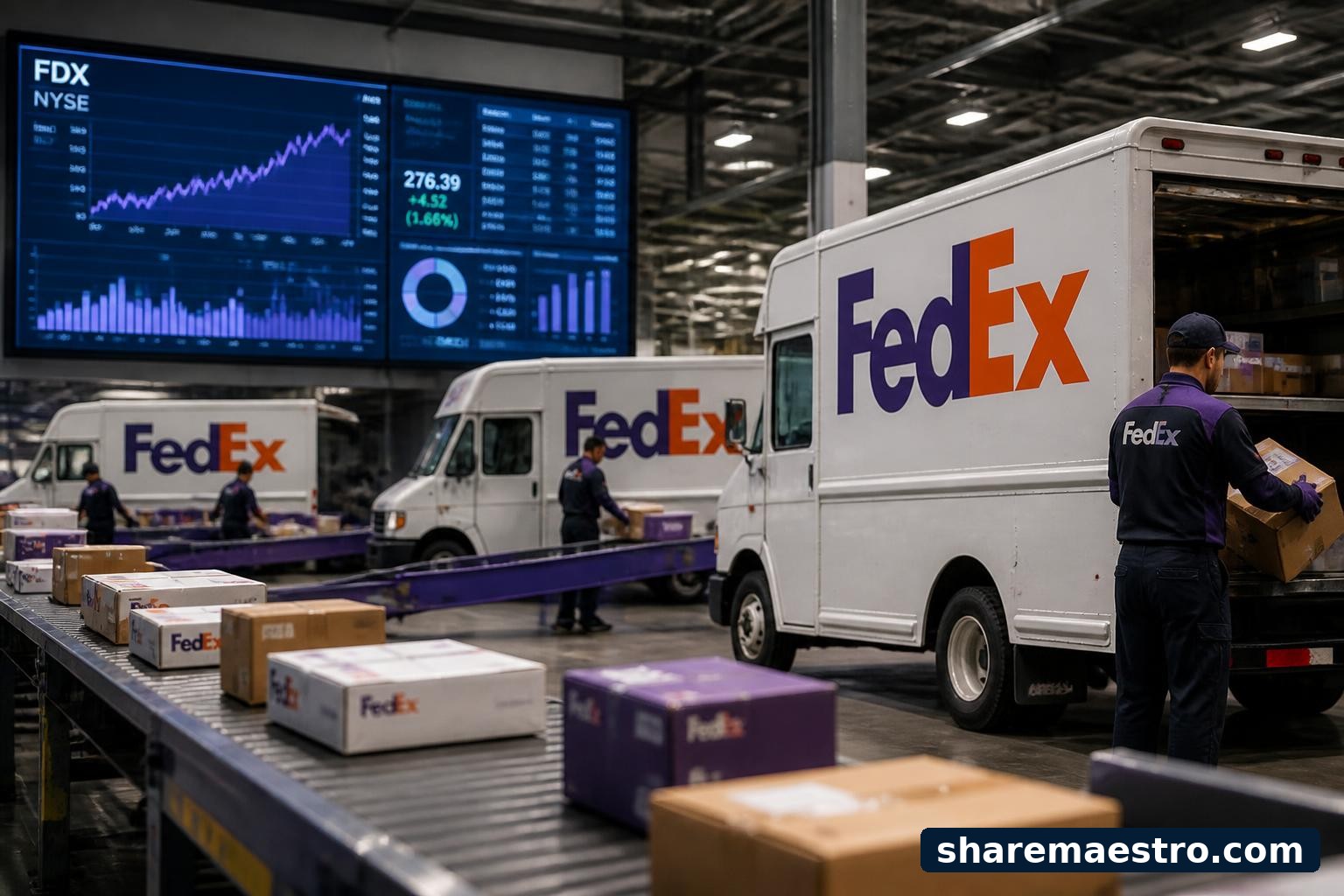 FedEx delivery trucks and package-sorting conveyors with a market-data screen in the background.