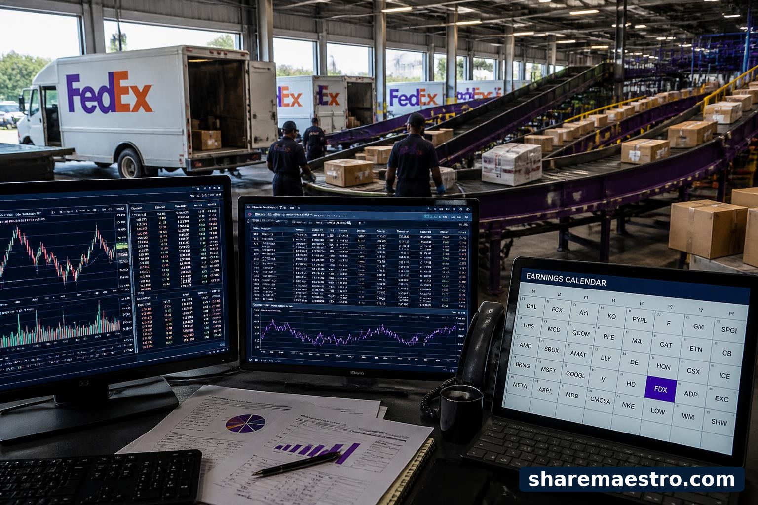 FedEx delivery trucks and package sorting equipment at a logistics hub with market data screens nearby.