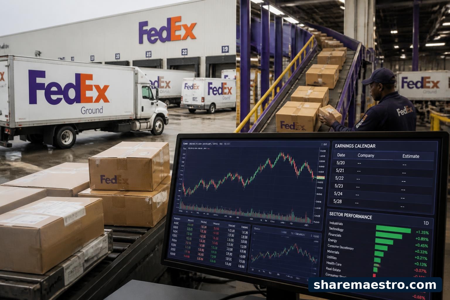 FedEx delivery trucks and parcels at a logistics facility ahead of an earnings update.