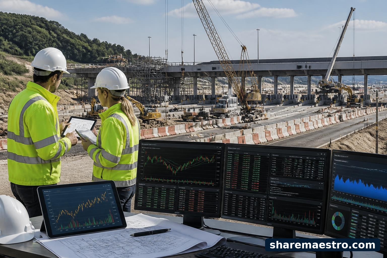 Engineers review highway construction plans beside roadwork equipment and a market data terminal.