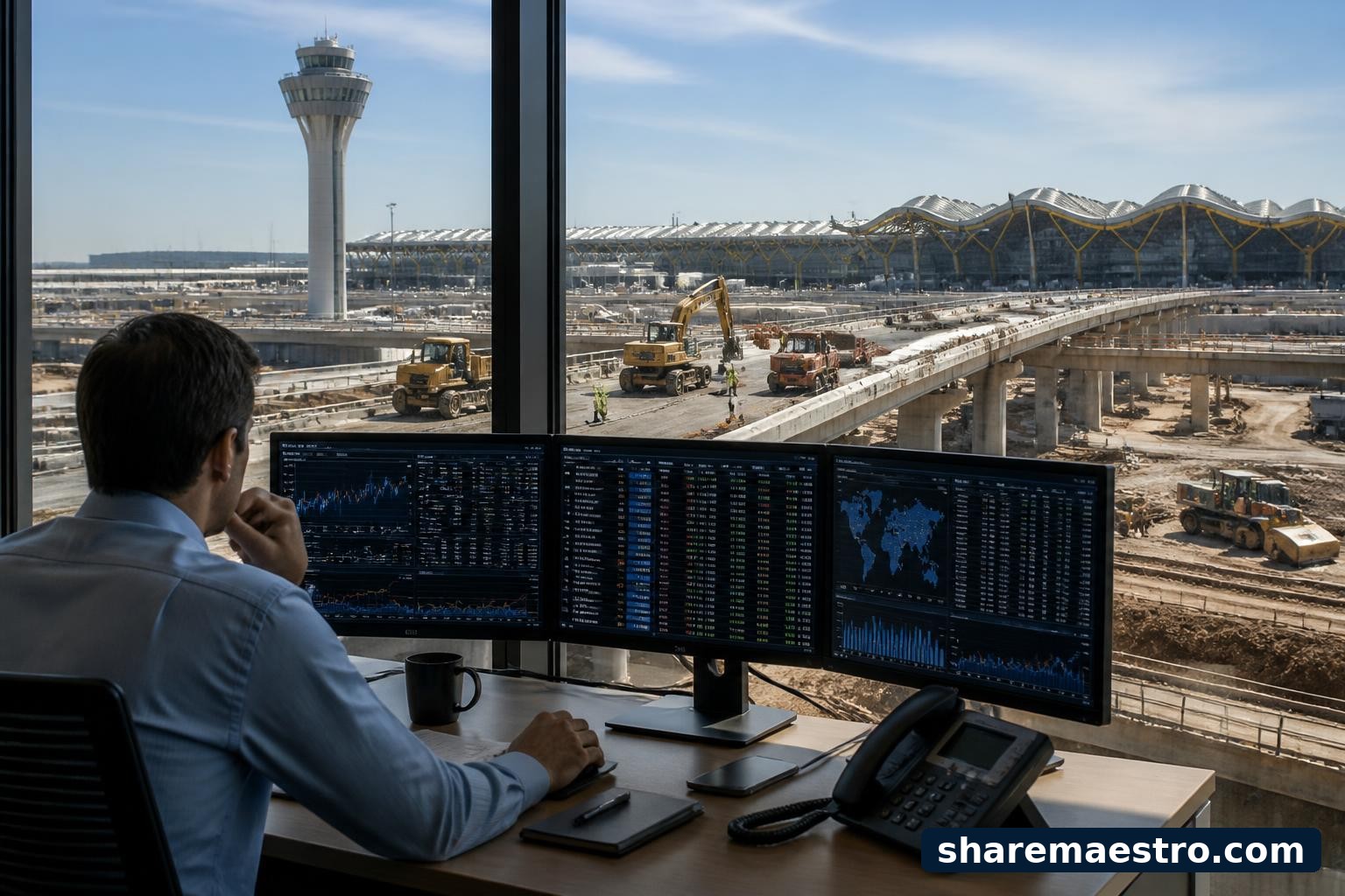 Highway and airport infrastructure project with market data screens representing Ferrovial earnings watch.