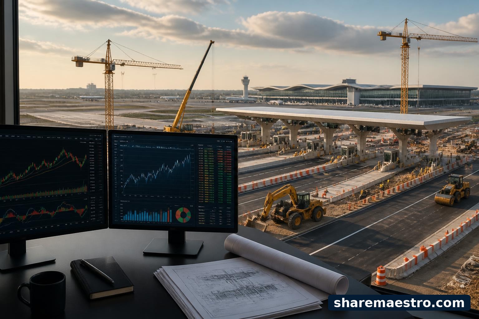 Highway construction and airport infrastructure with a finance terminal, representing Ferrovial SE ahead of earnings.