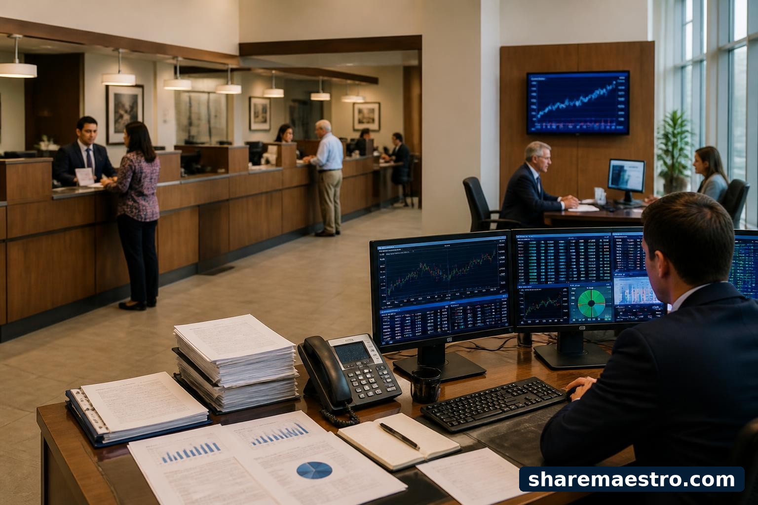 Regional bank branch interior with commercial banking desks and financial screens.