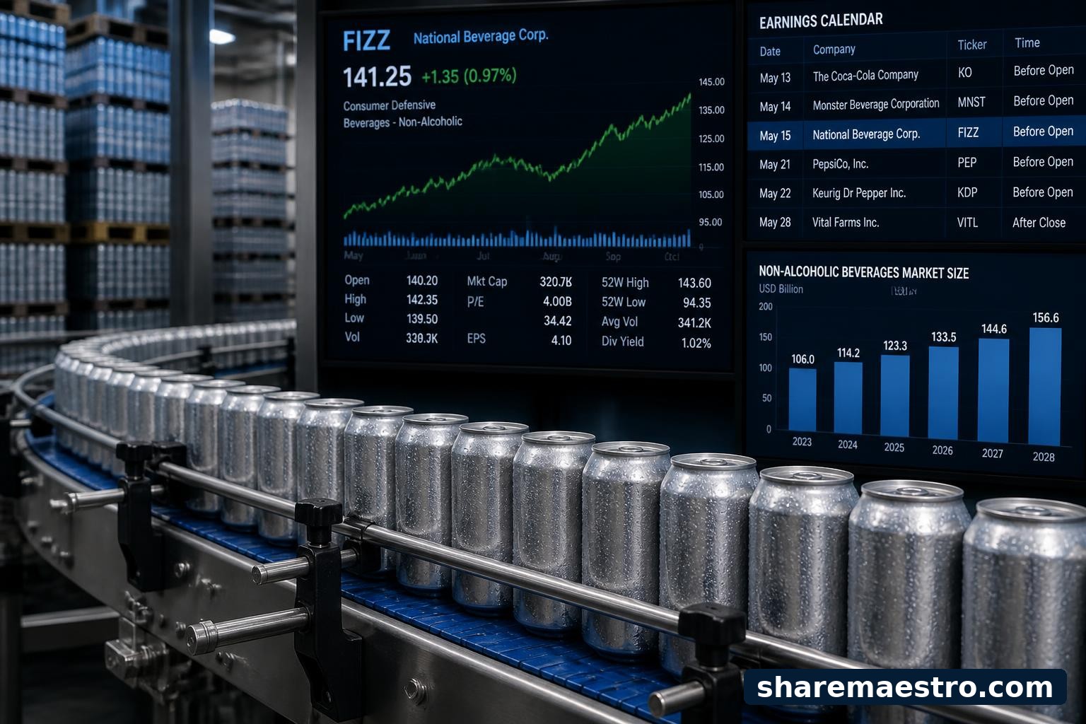 Non-alcoholic beverage cans on a production line with market data screens in the background.