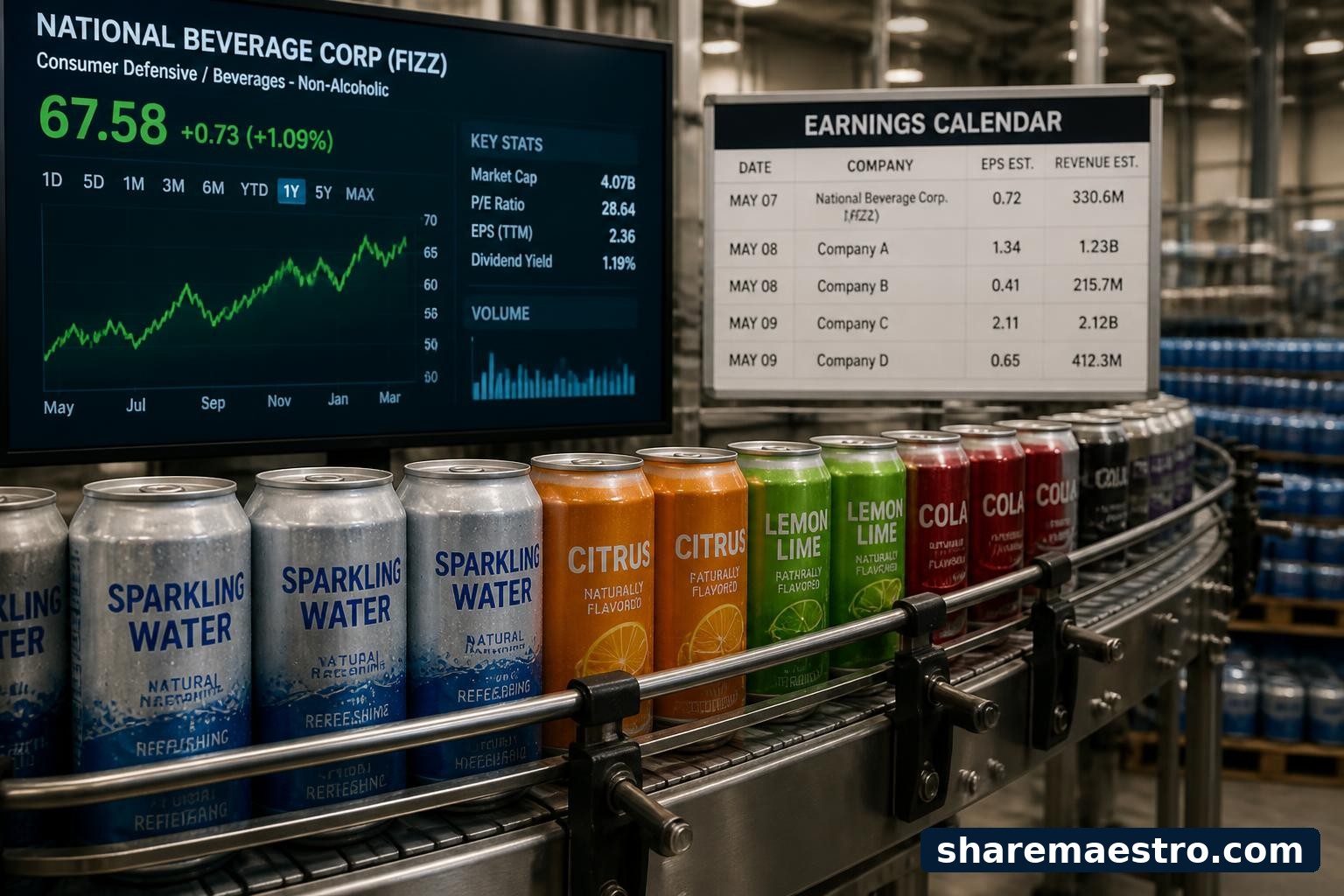 Canned non-alcoholic beverages on a packaging line with market data and an earnings calendar in the background.