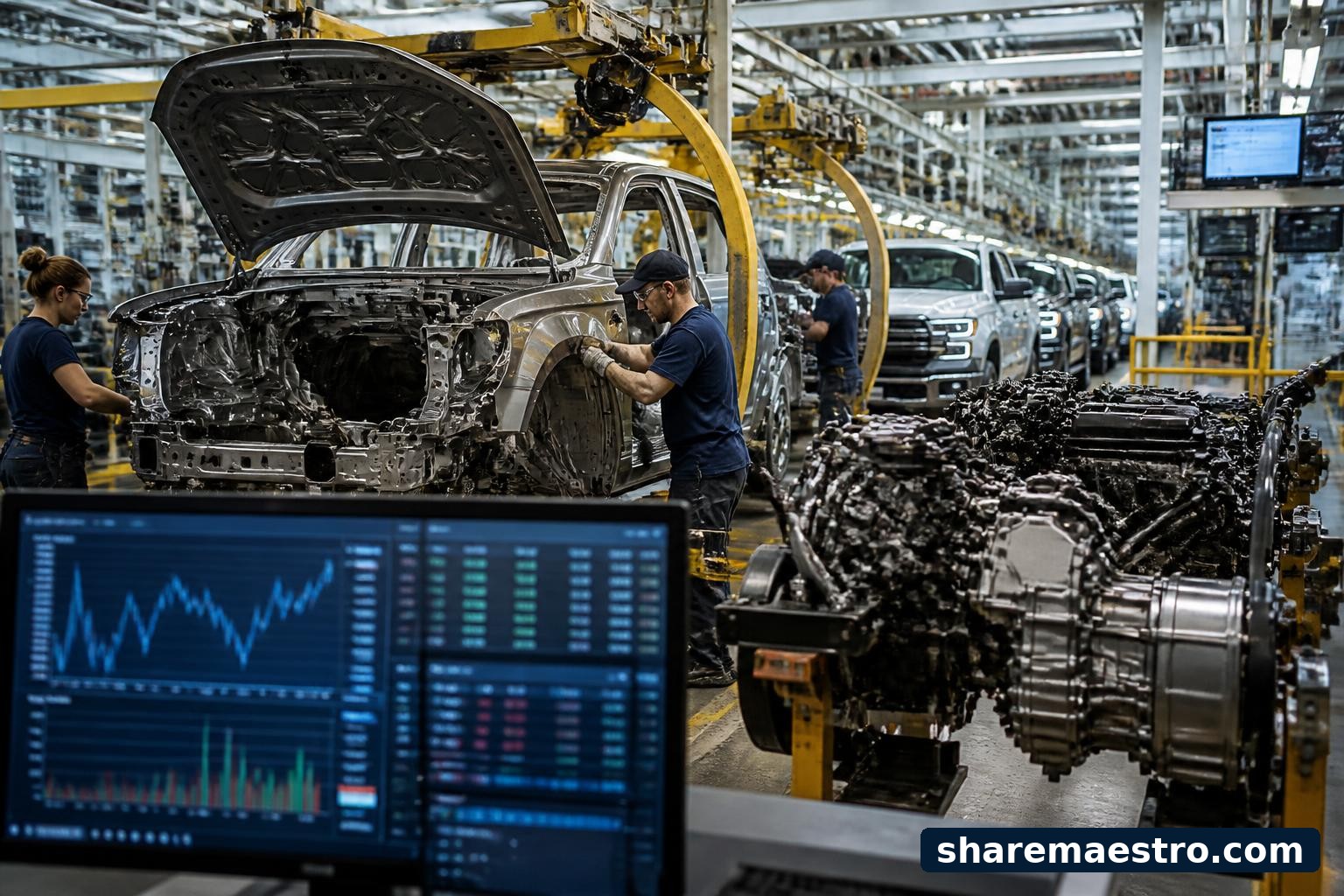 Ford auto manufacturing line with market-data screens suggesting an earnings watch setup.