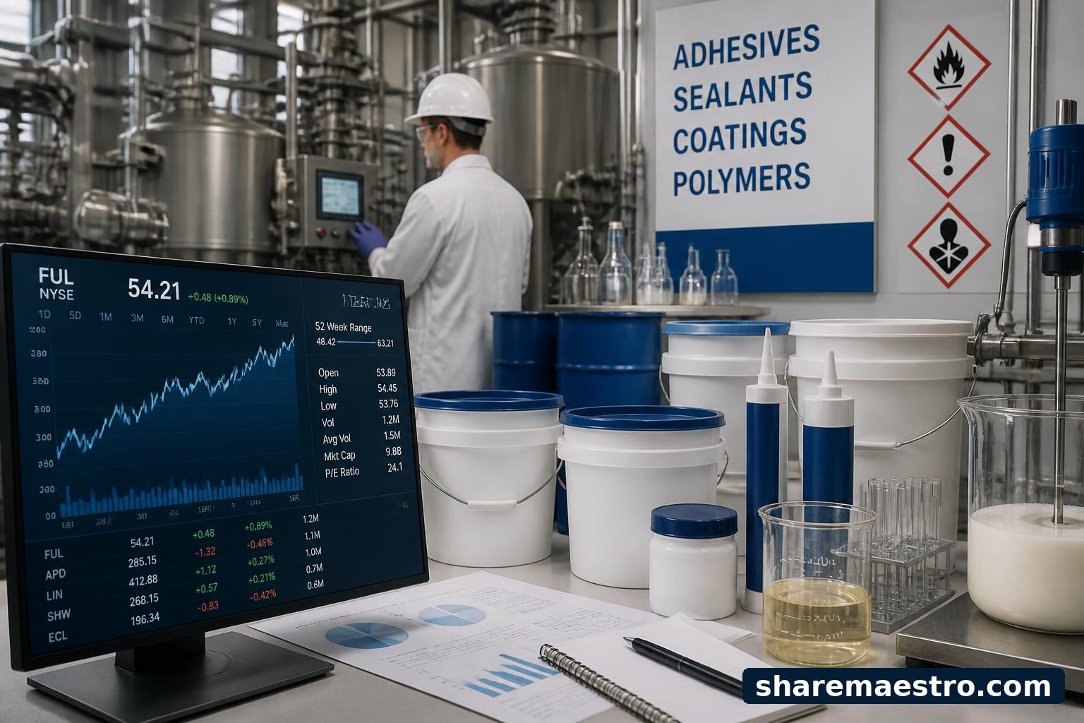 Adhesives and specialty chemicals production setting with lab equipment and a market data terminal.