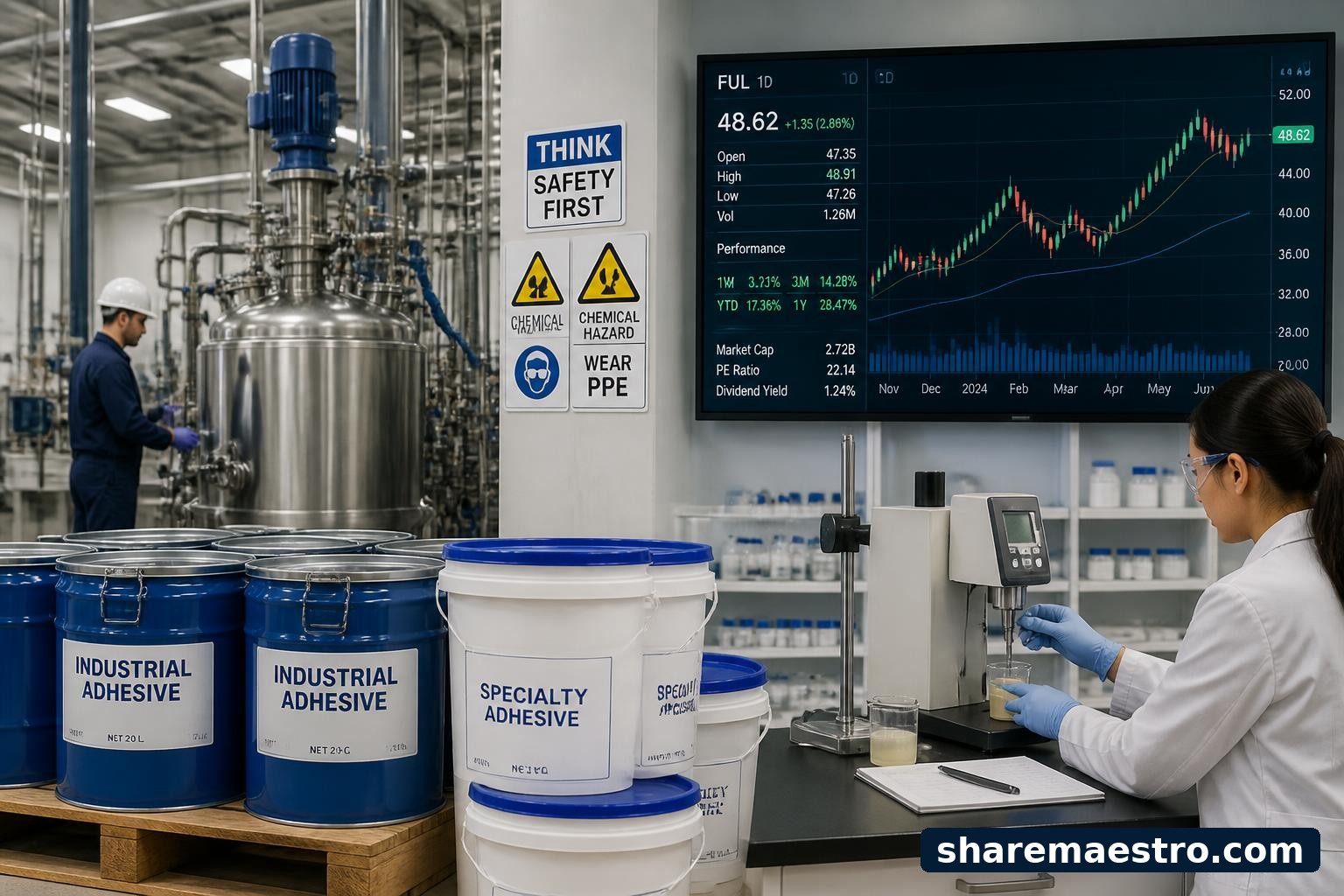 Adhesive and specialty-chemical production equipment with a market-data screen for H B Fuller Company.