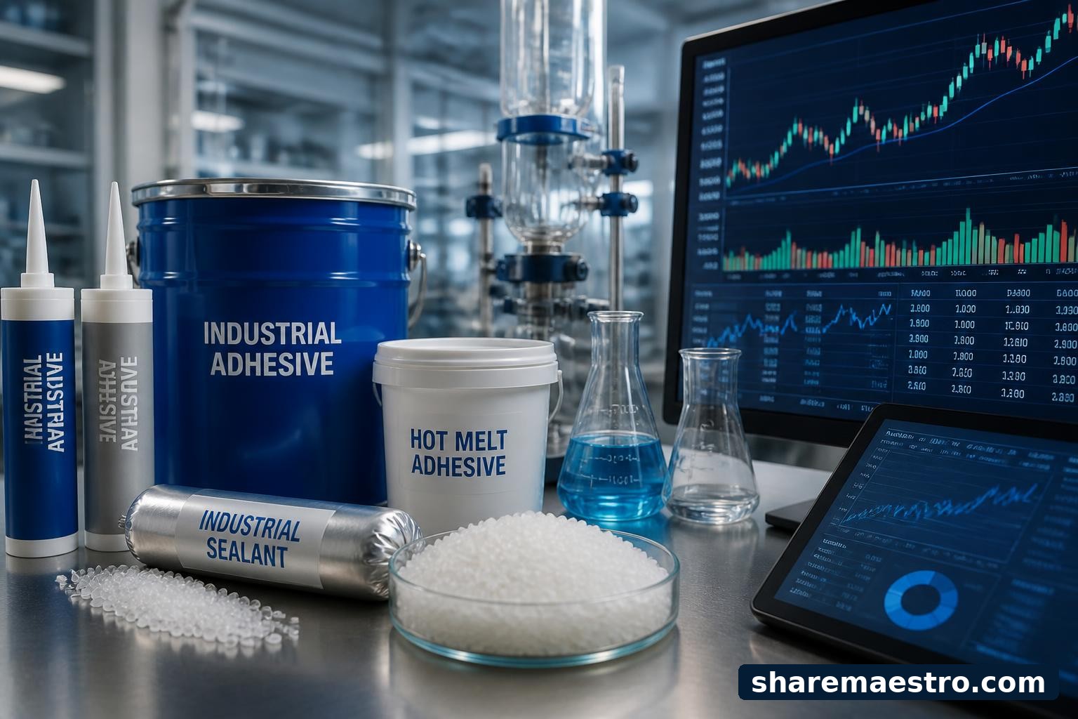 Industrial adhesives and sealants beside a market data screen for H B Fuller earnings watch.