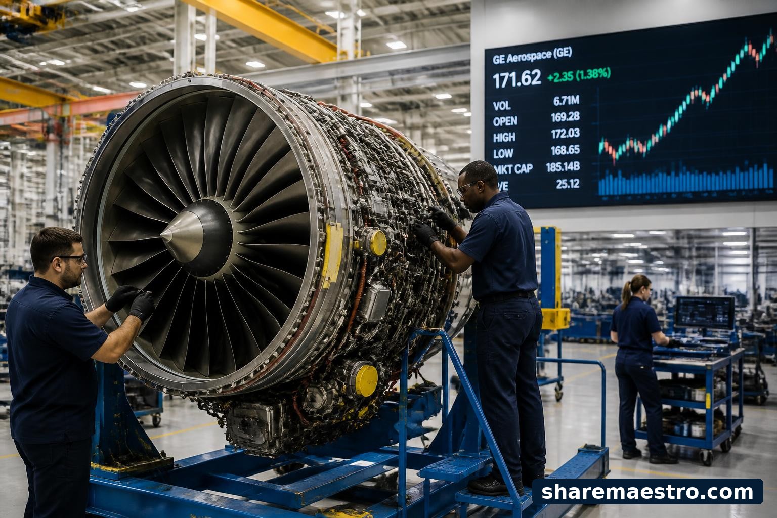 GE Aerospace engine assembly area with market data screen.