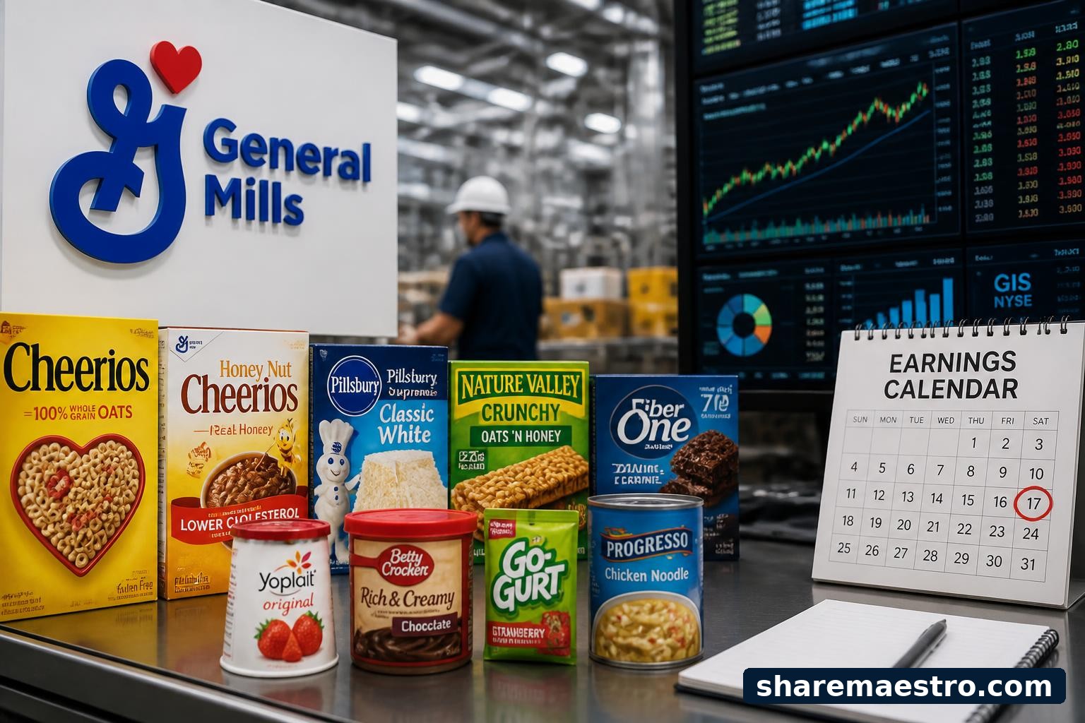 General Mills packaged foods shown with a market-data terminal and earnings calendar context.