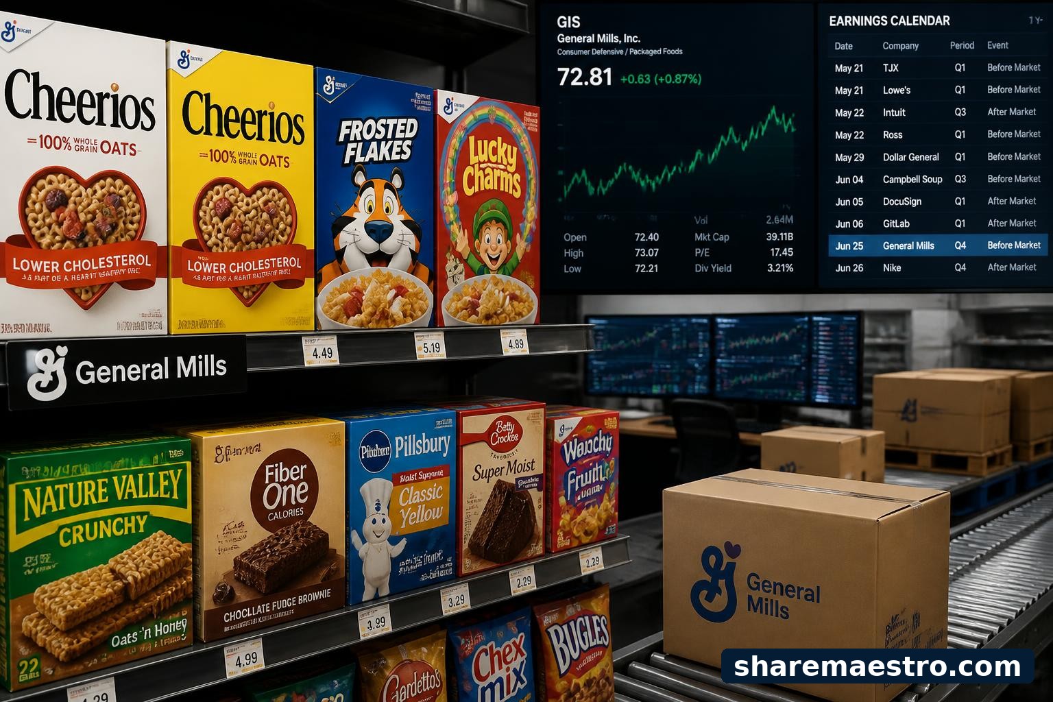 General Mills packaged foods shown with market data and earnings calendar context.