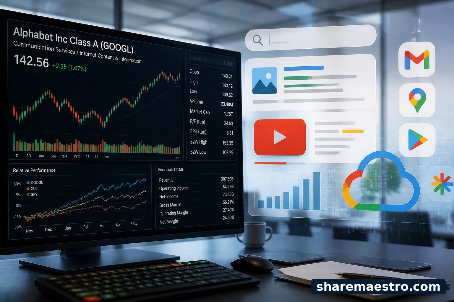 Finance terminal view with Alphabet-related internet services and market data context.