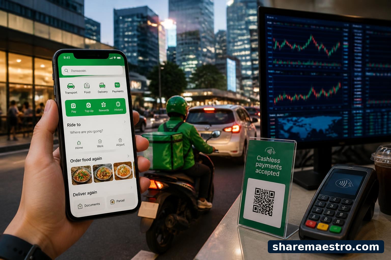Grab ride-hailing and delivery technology concept with market data screen.