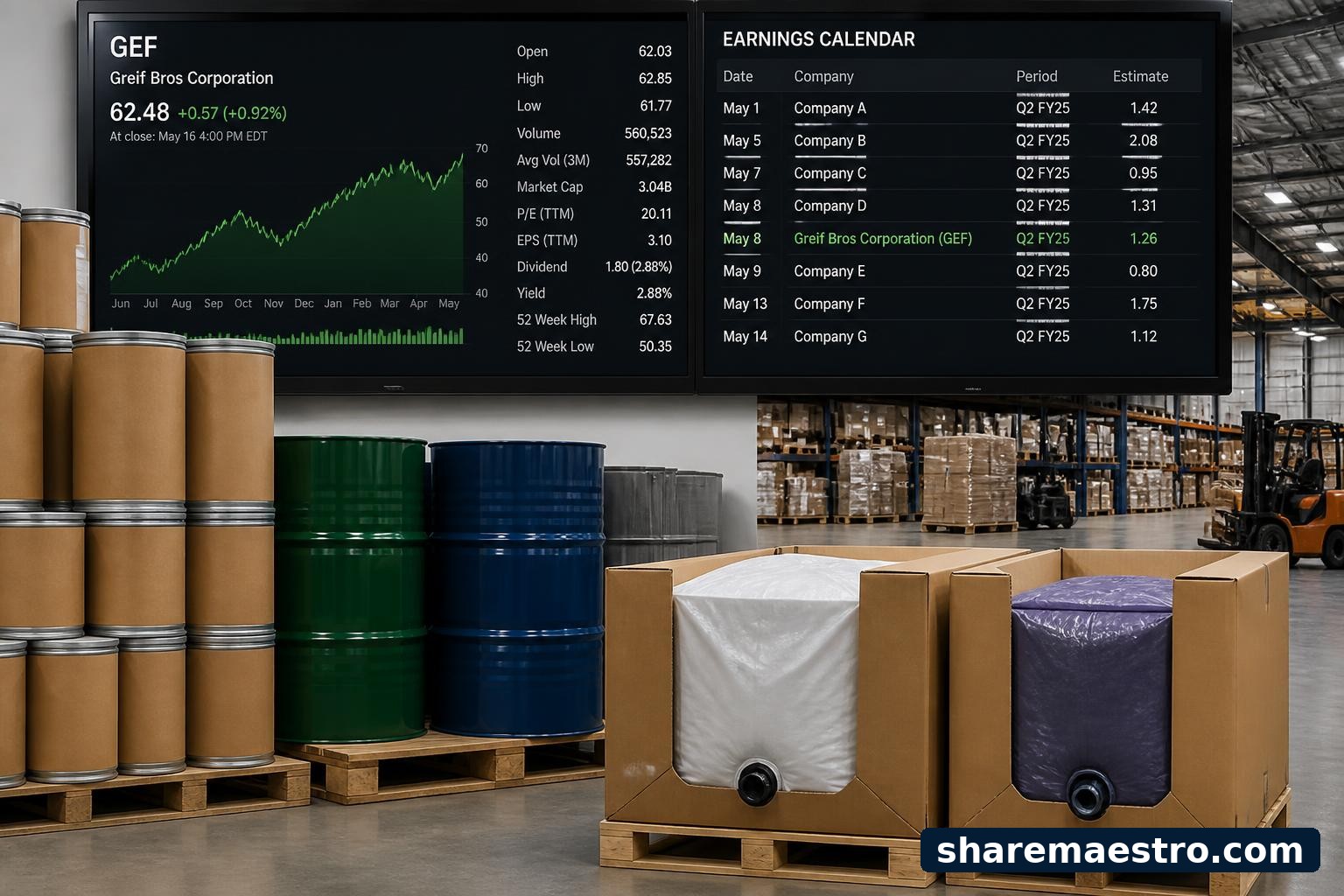 Industrial packaging containers in a warehouse with a financial data screen referencing earnings timing.
