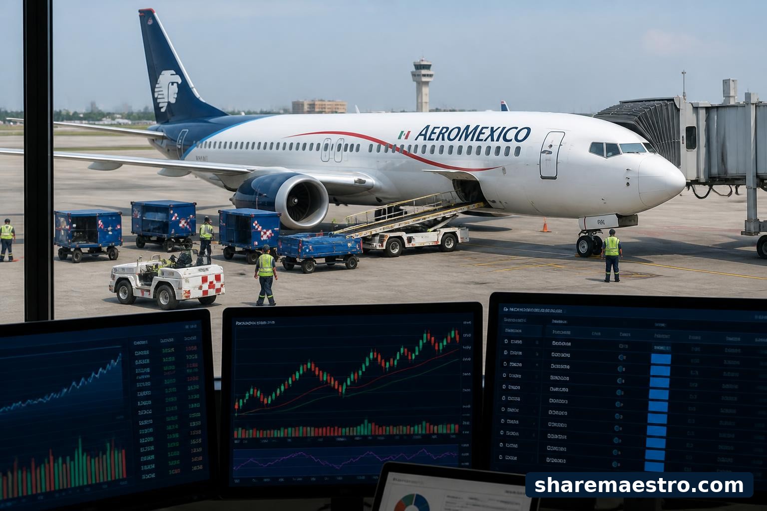 Grupo Aeroméxico aircraft at an airport gate with market data screens in the foreground.