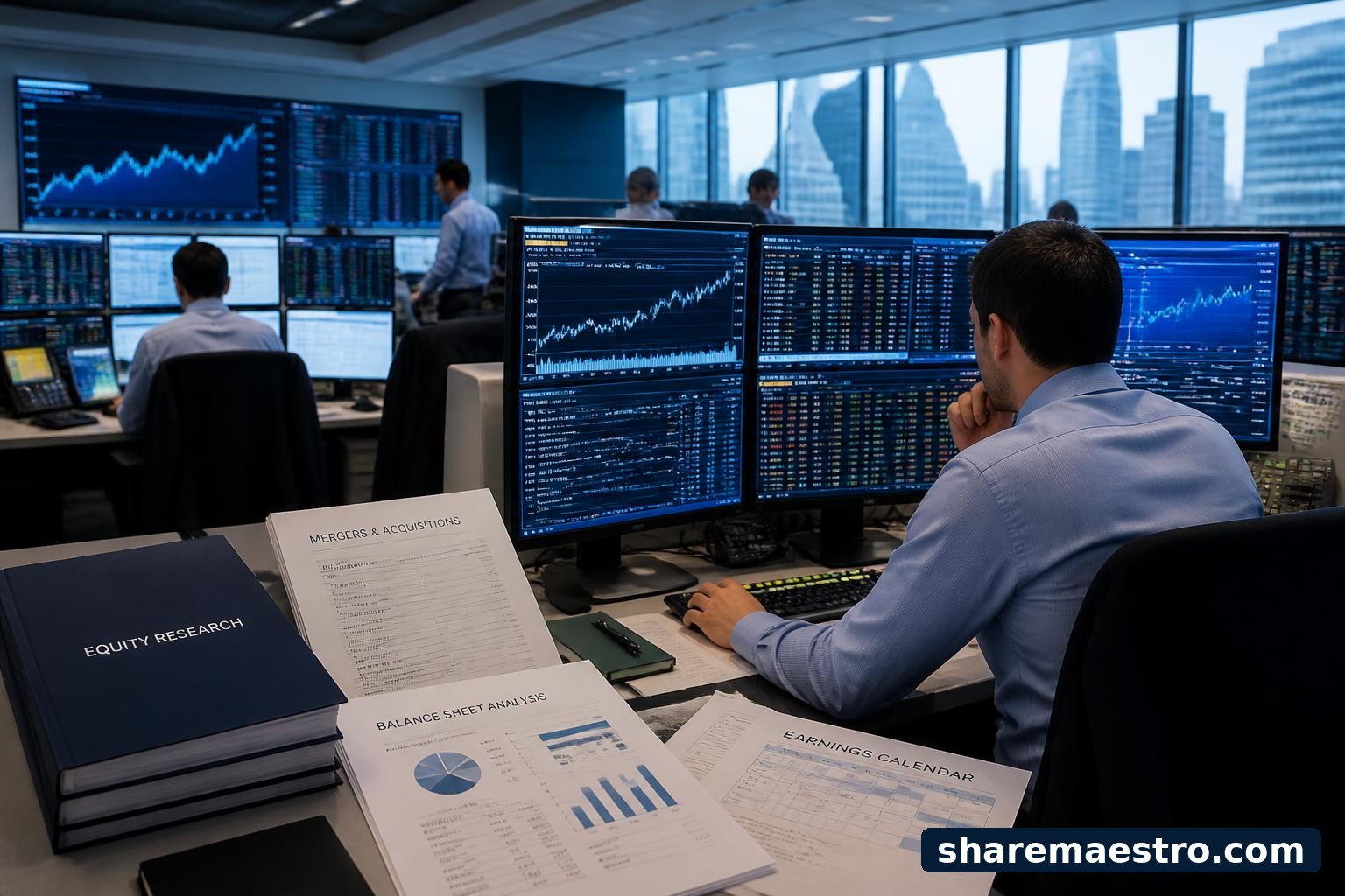 Investment banking trading floor with market screens and earnings calendar materials for a capital markets firm.