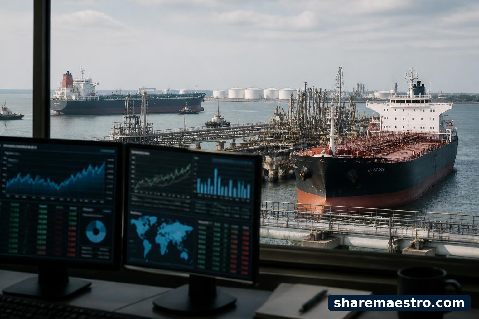 Oil product tankers at a marine terminal with financial market data screens in the foreground.