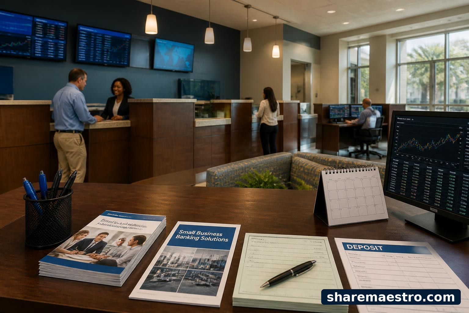 Regional bank branch interior with banking documents and market-data screens representing Hancock Whitney Corp earnings context.