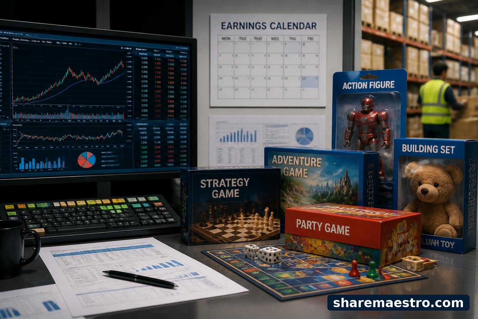 Toy and board game products beside a financial data terminal and earnings calendar.